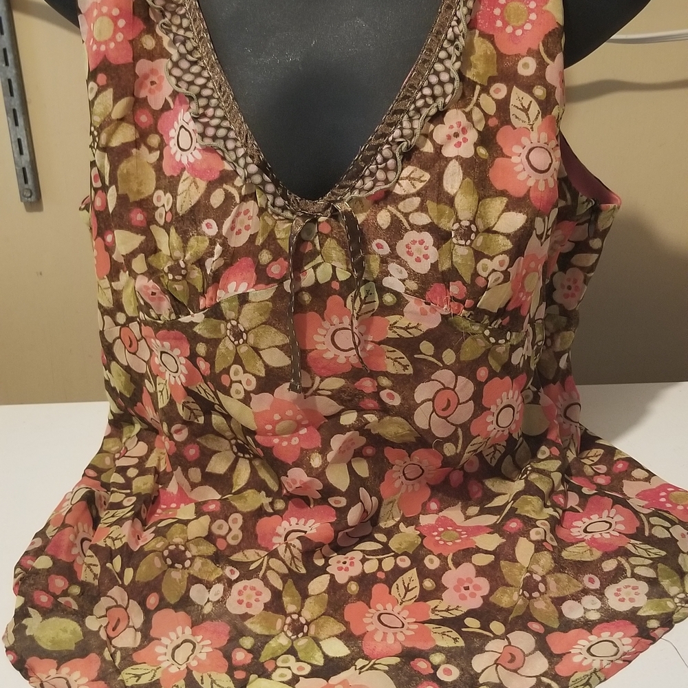 Sigrid Olsen Floral Tank Top - Brown and Pink, Size 14 with Side Zipper